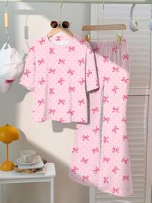 2 件套青少年女童休闲可爱甜美粉色波尔卡圆点和迷你蝴蝶结图案奶油粉色短袖上衣和裤子套装，适合夏季返校、节日服装、卡哇伊风格、女童服装套装、青少年女童服装、儿童服装、返校、返校节、校服、休闲、史迪奇 - 彩色 - 查看 2