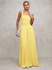 SHEIN BAE 女士优雅纯色棕色连衣裙，宽领喇叭裙，适合春夏季 - 黃色 - 查看 4