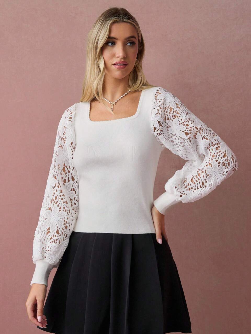 Enchnt Women's White Square Neck Contrast Lace Long Sleeve Elegant Knit Sweater,Sweet&Fashionable For Summer Tea Party,Date,Holiday,Office&Back To School