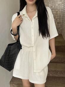 Livesso Women's Summer Short Sleeve Shirt Top And Loose Shorts 2 Pieces Set Lounge Sets For Women Short Sets For Women School - White - View 3