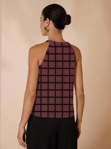 Shutterstock Glamance Lässige, locker sitzende Bluse mit Off-Shoulder Ausschnitt für Damen, geeignet für den täglichen Gebrauch, kariertes Damen-Oberteil, bedrucktes Oberteil, ärmelloses Oberteil, V-Ausschnitt-Oberteil