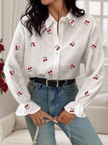 大码女式樱桃印花单排扣长袖衬衫 - 白色 - 查看 3