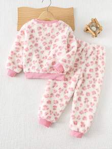 Cozy Pixies 2件套少女柔软针织豹纹圆领长袖运动衫和松紧腰裤套装 - 粉色 - 查看 2