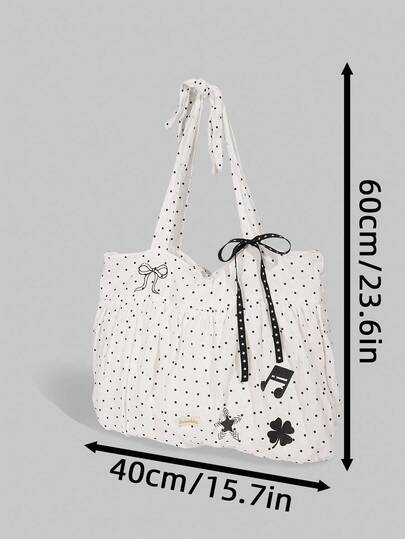 Kawaii 1pc Japanese Sweet Style White Polka Dot Large Capacity Shoulder Bag, Music Note, Four-Leaf Clover, Bow Decor, College Style Handbag For Teens (1657622)