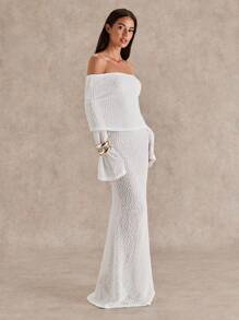 Glamine Váy dạ hội gợi cảm cho nữ, thời trang gợi cảm, màu trơn, bán trong suốt, tay dài một bên vai, váy len maxi, màu trắng - trắng - Xem 5