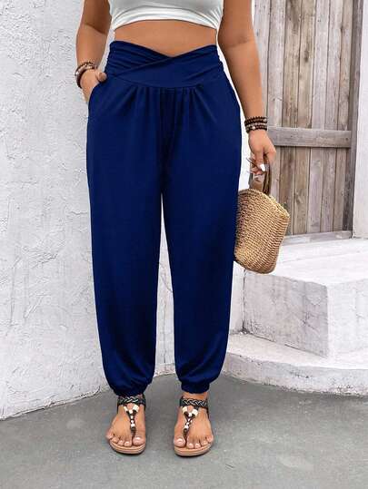 EURMUSE Plus Size Women's Casual Solid Color Pocket Drawstring Pants