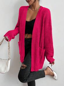 EURMUSE Cardigan casual in maglia a maniche lunghe con spalle scoperte e due tasche, di colore unito, da donna - Fucsia - Visualizzare 6