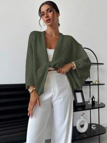 EURMUSE Women's Crossed V-Neck Loose Elegant Minimalist Sweater - Army Green - View 5