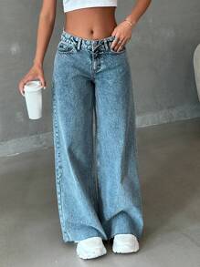 SHEIN PETITE 100%纯棉低腰毛边雪花洗阔腿牛仔裤