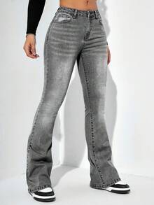 EURMUSE Quần jeans ống loe bỏ túi thời trang thường ngày dành cho nữ - Màu Xám nhạt - Xem 5