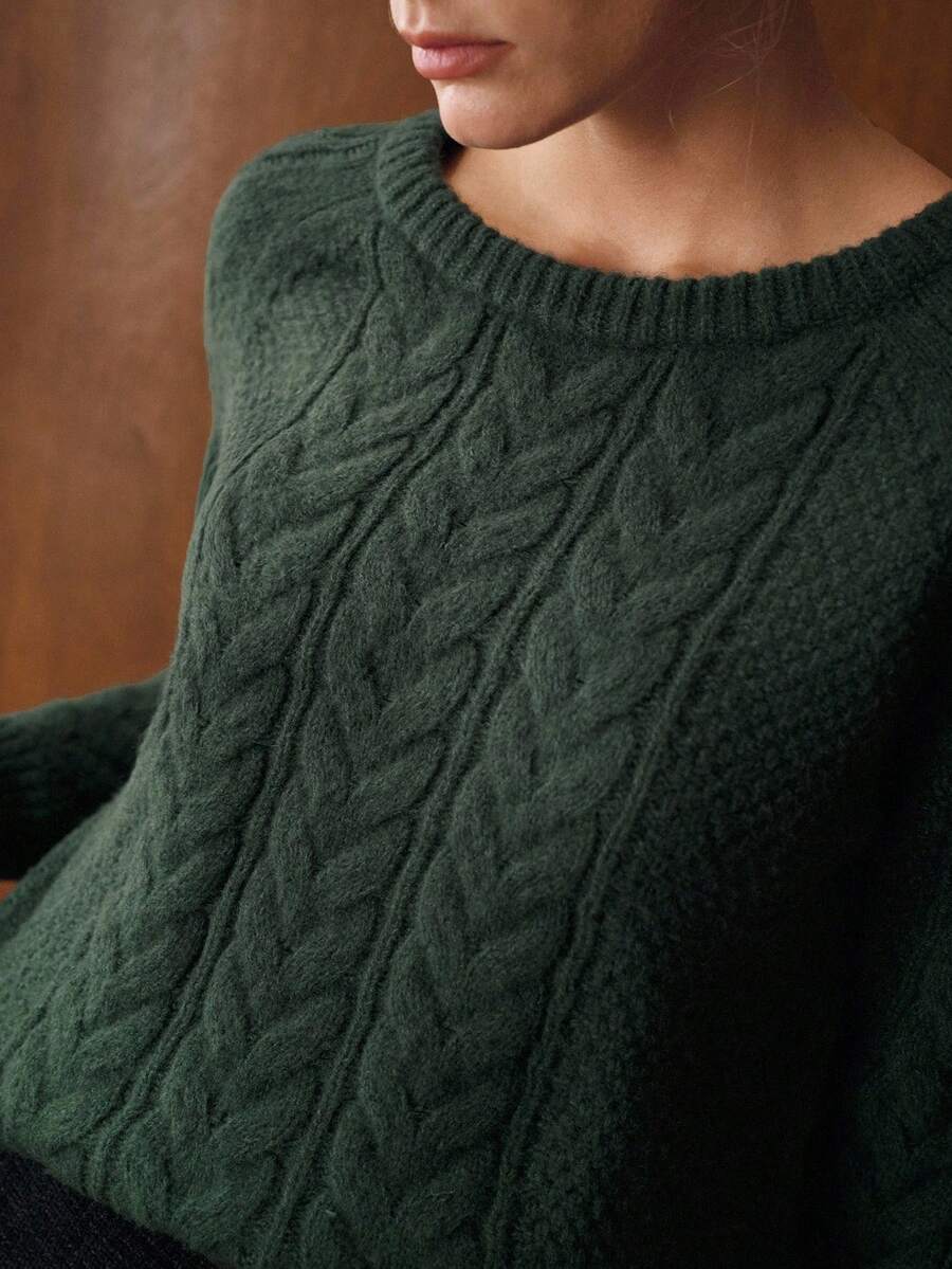 MOTF PREMIUM CABLE KNIT SOLID METAL FLORAL DETAIL SWEATER - Green - View 2
