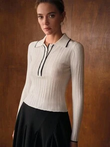 MOTF PREMIUM RIB-KNIT CONTRAST TRIM POLO COLLAR SWEATER