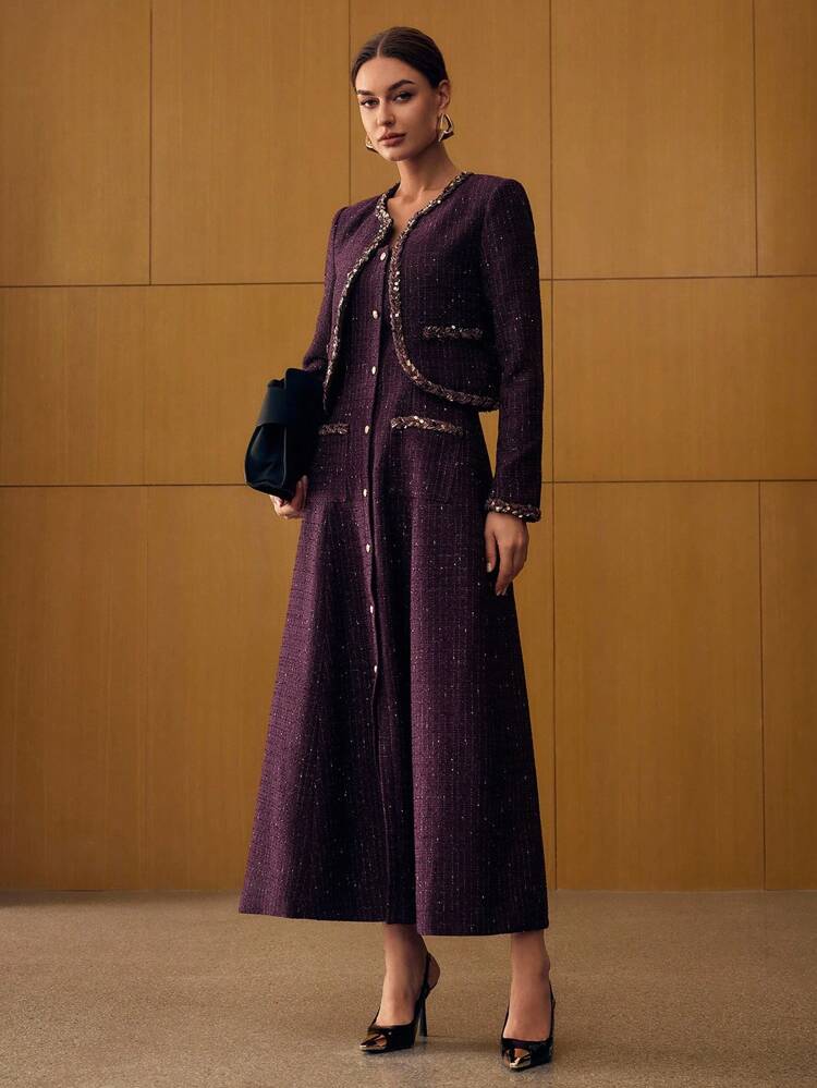 TWEED CONTRAST SEQUIN TRIM JACKET & BUTTON UP DRESS OUTFIT SET