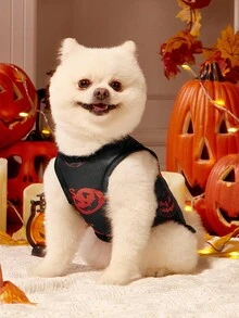 1 件宠物猫狗通用万圣节黑色南瓜卡通图案印花可爱、时尚、透气、舒适的狗背心，适合万圣节派对，PETSIN 原创设计 - 彩色 - 查看 4