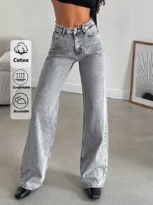 EURMUSE 100%Cotton Solid Slant Pocket Casual Wide Leg Jeans - Light Grey - View 1