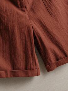 SHEIN JORESS Pantaloncini casual larghi in lino di colore unito con tasche per donna - Colore mogano - Visualizzare 5