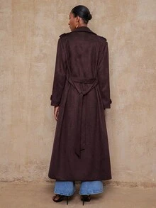 Lumalex VITNOS 新款秋冬休闲通勤优雅女士纯色长袖双排扣设计收腰长款风衣，适合秋季、夜间外出、派对、约会、乡村、返校节、休闲、假日度假等场合。 - 巧克力棕 - 查看 3