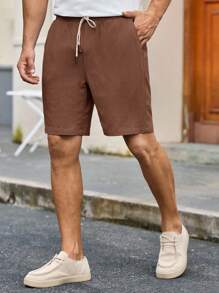 Manfinity NXTstreet 男士休闲梭织中腰抽绳直筒短裤，适合日常穿着男士棕色短裤男士亚麻短裤男士抽绳短裤棕色卡普里短裤男士棕褐色男士短裤 - 棕色 - 查看 4