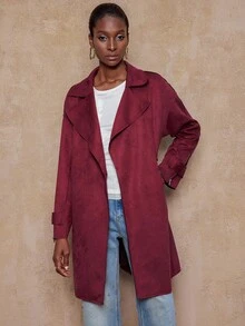 SHEIN Privé VITNOS Women's Burgundy Autumn Elegant Office Solid Color Lapel Neck Casual Trench Coat,High-End Winter Long Jacket For Date Night,Parties,Holiday - Khaki - View 2