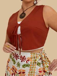 SHEIN VCAY Ensemble 2 pièces grande taille, jupe imprimé tropical bohème avec lien sur le côté + Top court avec lien devant. Tenue décontractée pour l'été/l'automne - Multicolore - Voir 7