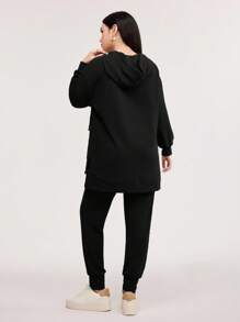 Veilorie Drop Shoulder Split Hem Drawstring Hoodie & Sweatpants,Ladies Spring/Fall Casual Drawstring,Pocket Three Quarter Length Sleeve Regular Fit Black Drop Shoulder Sweatshirt Sweatpants Women Two Pieces Outfits , Outdoor Activities 2 Pieces Set - Black - View 2