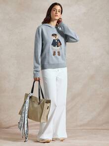 Briarwyn 秋冬装老款女装卡通熊图案长袖休闲宽松连帽毛衣，返校季运动服，复古女装，保暖毛衣 - 灰色 - 查看 2