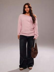 Rustia Plus Size Solid Color Pink Sexy Simple Asymmetric Batwing Sleeve Pullover Sweater Fall Winter Cloth For Women Autumn CASUAL