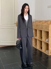 2pcs Teen GirlJacket Set, Gray Fabric, Lapel Collar, Fake Pocket Cover, Suitable For Commuting, Walking, Shopping, Can Be Paired With Long/Short Sleeve Fall Winter