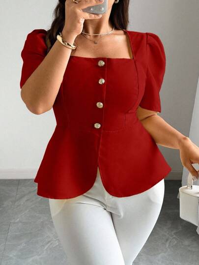 Elenzga Blusa elegante de manga corta abullonada, de un solo pecho, con cuello cuadrado y unicolor para mujer de talla grande