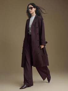 Ontre 2025新款现代都市风深棕色中长款女式风衣翻领宽松版型肩带长袖真口袋商务通勤休闲风秋季服装 - 鏽棕色 - 查看 5