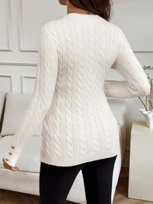 MaterniWear Maternity Elegant White Autumn Cable Knit Sweater For Pregnant Women,Long Sleeve Round Neck Twist Pattern Photoshoot Button Casual Winter Clothes - Apricot - View 8