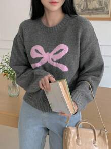 DAZY Áo len dệt kim nơ jacquard dáng rộng thoải mái mùa thu mới dành cho nữ Áo thun họa tiết - Xám - Xem 1