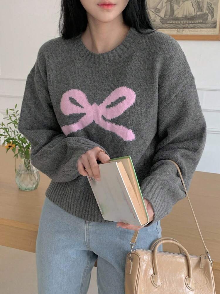 New Autumn Loose Casual Bow Jacquard Knit Sweater For Women Graphic Tee