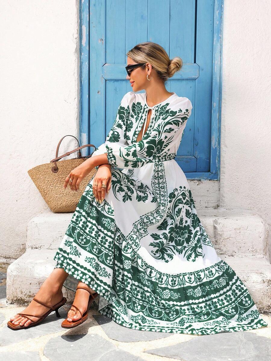 女士休闲度假长袖束腰连衣裙 - 彩色 - 查看 1