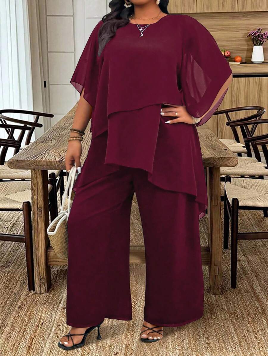 SHEIN CURVE+ 休闲大码勃艮第酒红色半袖长裤套装宽松大码两件套大码两件套大码女装两件套曲线裤套装 - 酒紅色 - 查看 1