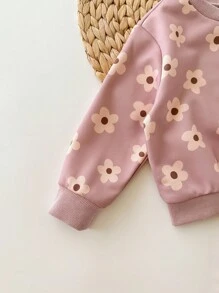 Loomiva 2pcs Baby Girl Floral Print Knit Soft Crew Neck Long Sleeve Sweatshirt And Elastic Waist Pants Set Flower Two Piece Set Toddler Baby Flower Outfit Fall Winter - Pink - View 7
