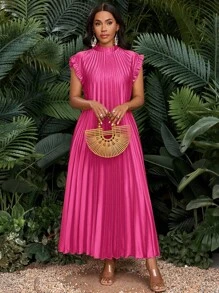 SHEIN Lady 春夏秋冬优雅派对婚礼酒会波西米亚风沙滩立领编织荷叶边A字加大码褶皱连衣裙 - 玫紅色 - 查看 5