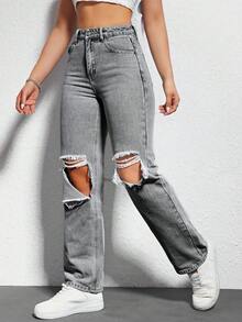 EURMUSE Blugi denim versatili, stil vară, stil distressed, cu talie medie pentru femei - Gri - Vizualizare 4