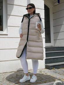 EURMUSE Plus Size Zip Up Drawstring Hooded Puffer Vest Coat - Army Green - View 4