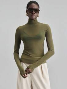 Ontre 2026春夏新款斯德哥尔摩风格，女教师套装，当季女装，网纱面料，四向弹力，百搭休闲装，2025新款，夏季女装，杏色雪纺衬衫，女士上衣，透视上衣，当季上衣，橄榄绿上衣，高领上衣，卡其色上衣，紧身上衣，现代都市休闲时尚，商务休闲，女士办公室着装，低调复古风，轻松优雅，高端都市通勤，高品质机场时尚，优质面料 - 綠色 - 查看 2