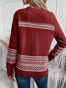 EURMUSE Jesienno-zimowy sweter z okrągłym dekoltem w kontrastowym kolorze, wzorem wołu, swobodny i wygodny - Burgund - Zobacz 2