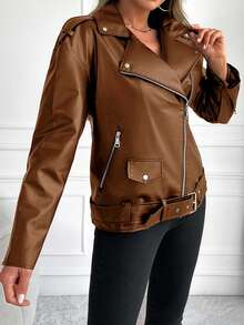 RueChic Zip Up Belted PU Leather Moto Jacket - Brown - View 5