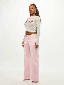 SUMWON WOMEN Quần jeans ống rộng cạp cao phong cách Y2K cổ điển, vừa vặn, thời trang - Hồng - Xem 5