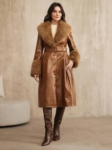 Anewsta Autumn/Winter Coffee Brown Detachable Fox Fur Collar Waist Belt Flared Hem Long Leather Jacket Coat - Brown - View 6
