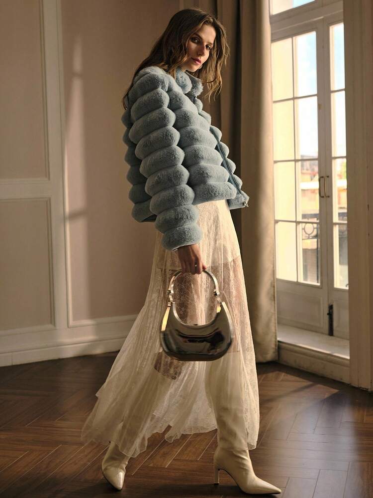 SOLID HIGH NECK ZIP PLACKET FAUX FUR COAT