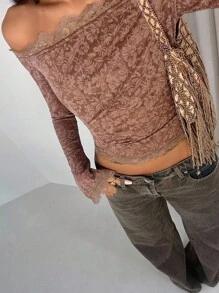 Glamine Áo ren trễ vai tay dài gợi cảm viền ren nhún bèo cho nữ - Màu nâu  Mocha - Xem 2