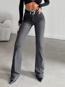 RueChic 98%Cotton Women's Whiskered Slant Pocket Flared Jeans - Grey - View 3