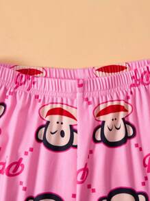 Paul Frank X SHEIN 2pcs Tween Girls' Cartoon Pattern Round Neck Raglan T-Shirt And Leggings Comfortable Stretchy Pajama Set - Hot Pink - View 5