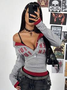 StreetHx 复古美式坏蛋字母印花休闲二合一女式长袖T恤，修身款，春秋季 - 彩色 - 查看 5