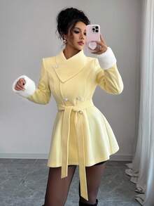 Elenzga Women's Asymmetric Collar Design With Fur Cuff, Cinched Waist Waist Elegant Overcoat For Daily Commute - Yellow - View 5